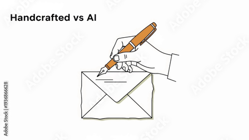 Handcrafted vs AI concept illustration. Hand writing a letter with a fountain pen on an envelope. Minimalist vector line art design