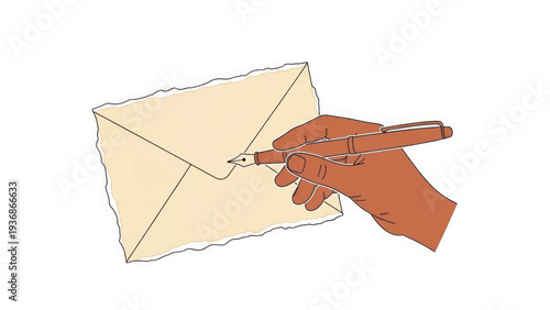 Hand writing on an envelope with a fountain pen. Traditional correspondence and mail concept. Sketch style vector illustration