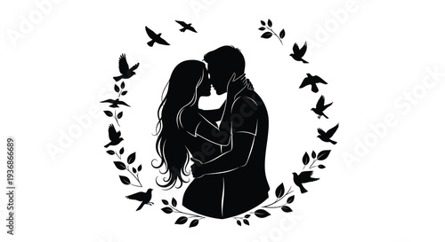 A silhouetted couple embraces intimately surrounded by flying birds and leafy botanical elements high quality professional