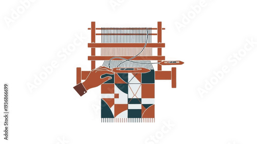 Hand weaving on a wooden loom with shuttle. Traditional textile craft and handmade fabric concept. Flat design vector illustration