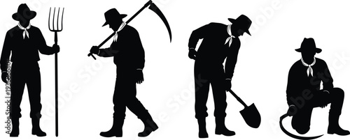 Farmer Silhouette Set With Farming Tools Pitchfork Scythe Shovel And Rope Rural Agriculture Worker Black Vector Illustration Collection