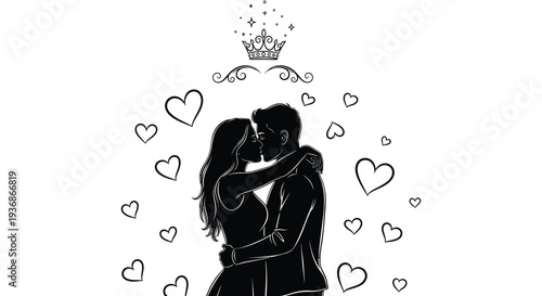 A couple embracing in a loving kiss surrounded by hearts depicted in a black and white illustration