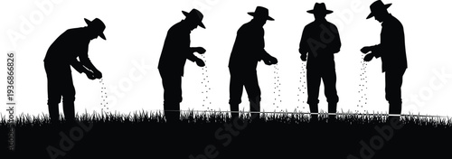 Farmers Sowing Seeds Silhouette Rural Agriculture Farming Planting Activity Vector Illustration Collection