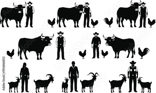 Farmers With Livestock Silhouette Set Cattle Goat Chicken Rural Agriculture Farming Vector Illustration Collection