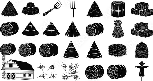 Hay Bale Straw Stack Barn And Farming Tools Silhouette Set Rural Agriculture Harvest Vector Illustration Collection