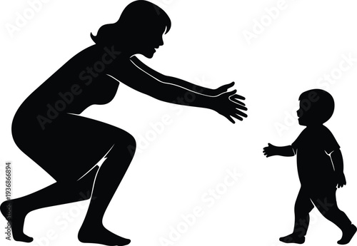 Vector loving mother reaching for toddler taking first steps silhouette design