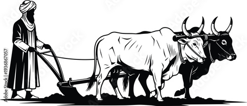 Traditional Farmer Plowing Field With Oxen Rural Agriculture Vintage Farming Vector Illustration