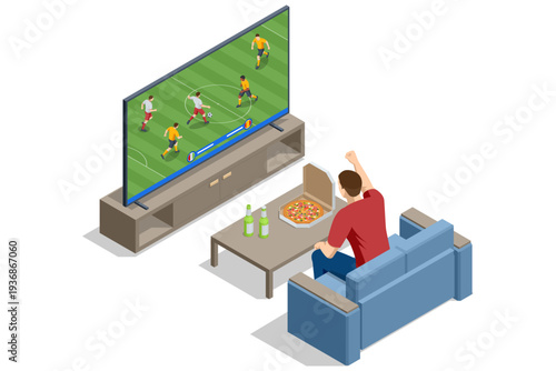 Isometric football fan watch soccer match at home on TV screen. Friend celebrate goal with pizza and drink on sofa in living room. Sport broadcast streaming, supporter emotion