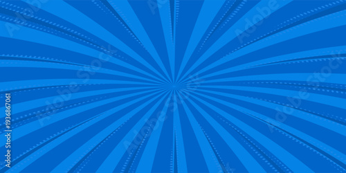 Pop art comic blue background with halftone, rays, gradient. Vector cartoon illustration in retro style. Design for comic book, poster, banner