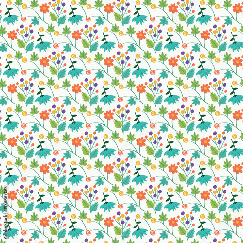 Seamless floral pattern with colorful flowers and leaves on white background