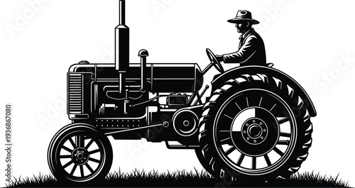 Vintage Farmer Driving Tractor Silhouette Rural Agriculture Machinery Farming Equipment Retro Farm Vehicle Black Vector Illustration Isolated
