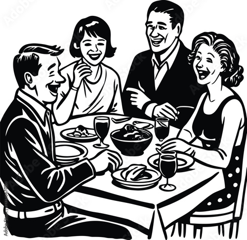 Black and white vector illustration of four people dining