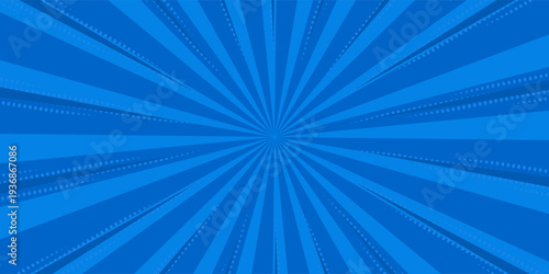 Pop art comic blue background with halftone, rays, gradient. Vector cartoon illustration in retro style. Design for comic book, poster, banner