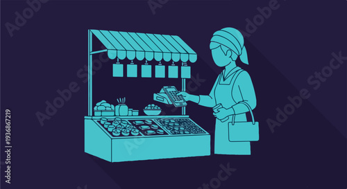 Woman selling fresh produce at a market stall, illustration in a clean, modern style with turquoise blue outline and shadow on dark background.