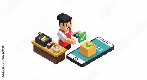 Isometric illustration of a chef preparing food for delivery via smartphone app, showcasing online food ordering and logistics.