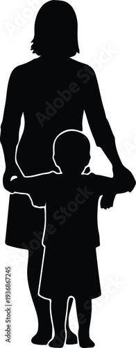 Vector mother and young child holding hands in loving pose silhouette design