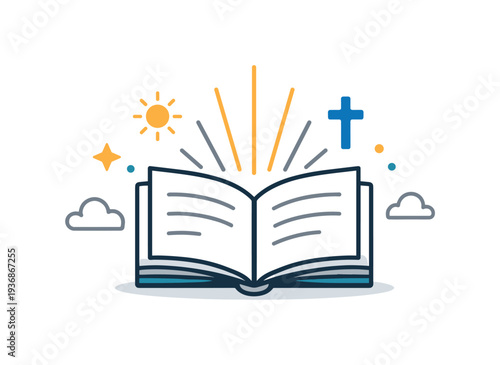 Open book graphic with sunlight and cross illustration