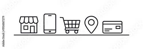 Online shopping icons: store, phone, cart, location, credit card on a line