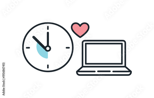 Clock and laptop with heart icon representing work-life balance and time management