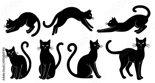 A set of black cat silhouettes in various poses and designs