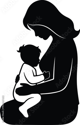 Vector mother breastfeeding her infant baby with care and love silhouette design
