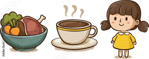 Easter egg with a little girl holding a cup of hot coffee in a cafe setting