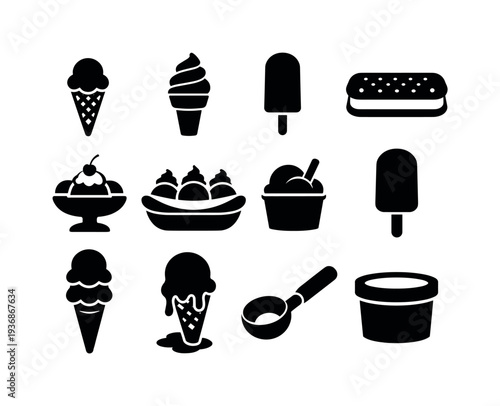 Collection of black and white ice cream icons and symbols on white background