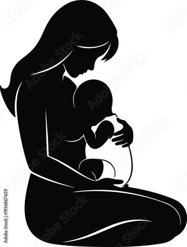 Vector mother breastfeeding her newborn infant baby with maternal care silhouette design