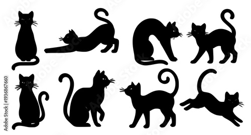 A set of black cat silhouettes in various poses and designs