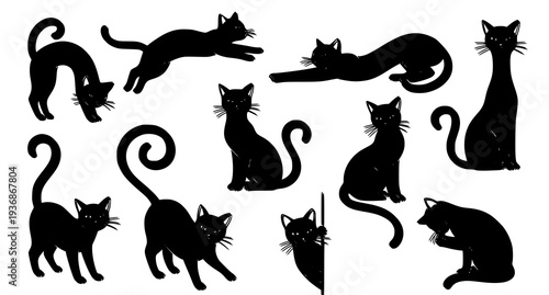 A set of black cat silhouettes in various poses and designs