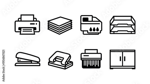 Collection of office supplies icons including printer, paper, stapler, and shredder
