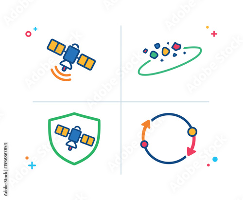 Set of four colorful icons representing space exploration, orbital debris, and data security