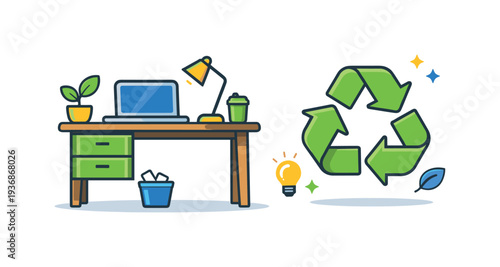 Eco-friendly office desk with laptop, plant, and recycling symbol for sustainability