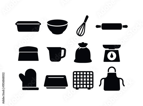 Collection of baking and cooking icons in a simple black and white silhouette style