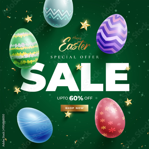 Easter sale clipart poster design. Happy easter sale text with egg, colorful eggs for holiday shopping discount. Happy Easter Day Sale banner design.
