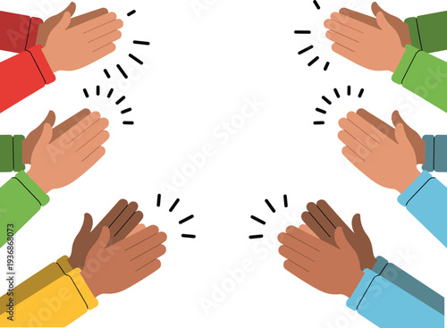 Flat vector illustration of diverse hands clapping in applause for celebration success teamwork community support gratitude appreciation and collective achievement in modern lifestyle concepts.