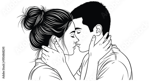 A couple embraces in a tender kiss depicted in a modern graphic black and white style