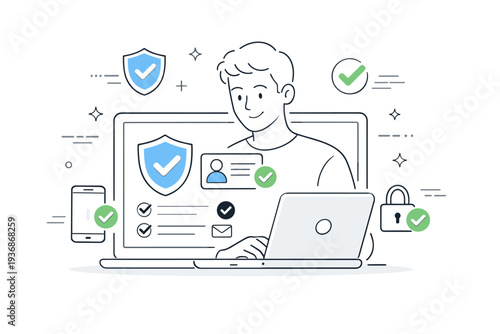 Secure technology interaction. Screen showing verified elements, gentle confirmation icons, and smooth motion cues. Quiet assurance and digital confidence.