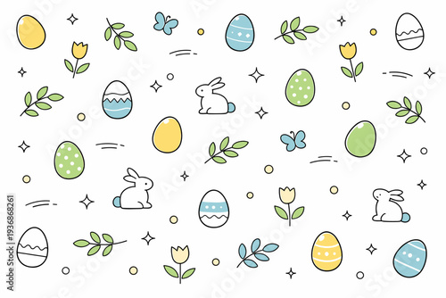 Minimal Easter patterns. Simple repeating motifs of eggs, leaves, and gentle spring symbols arranged with generous spacing, creating a calm seasonal rhythm.