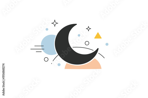 Abstract crescent moon concept. Simple crescent moon combined with geometric shapes and floating dots, modern and calm visual language. Quiet night symbolism