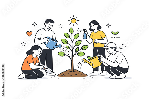 Collective growth and hope. Several simple characters standing together around a growing tree, each contributing water or care. Shared optimism, teamwork, and