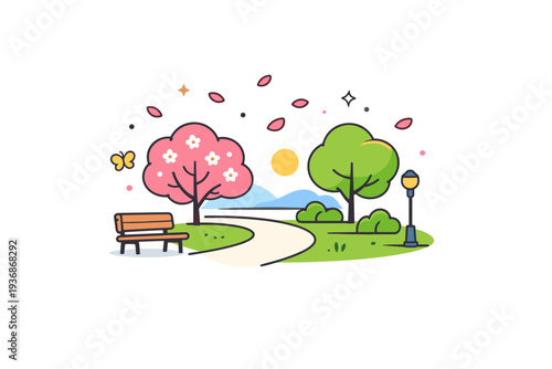 Springtime outdoor walk quiet park scenery with trees in bloom and light decorative petals in the air, symbolizing renewal, calm and everyday wellness.