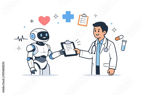 Medical robot assistance. A sleek robot handing a clipboard to a doctor, small floating heart and medical icons, friendly collaboration and clean hospital