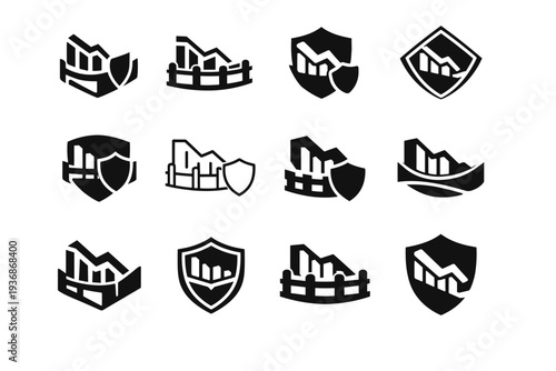 Risk management in investments. Icon set. Set Logo of Risk management in investments: downward chart with safety barrier. harmonious logo variations of the