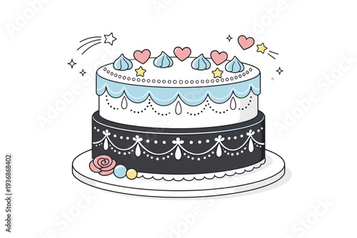 Pastry decoration details. Finished cake displayed with delicate icing patterns and small ornaments. Clean presentation with emphasis on detail and balance.