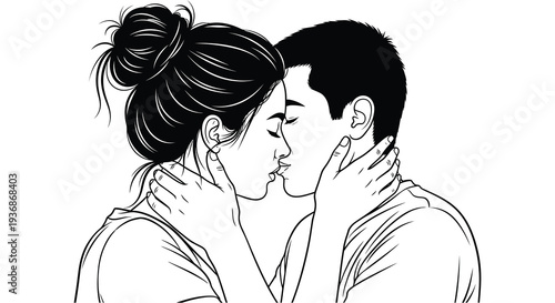 A detailed black and white illustration depicts a couple intimately kissing with eyes closed high quality