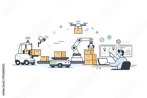 Automation in logistics. Simplified robots and sensors working together as a human coordinates the flow from a distance. The scene communicates trust in