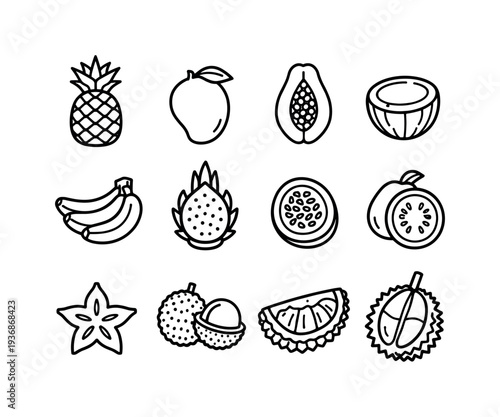 Tropical fruits line art icons collection for healthy lifestyle and food design