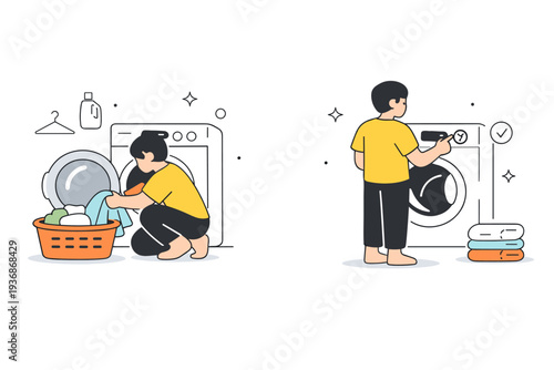 Laundry routine. A character loading a washing machine and pressing a simple start button. Quiet focus on routine tasks, smooth motion and a sense of