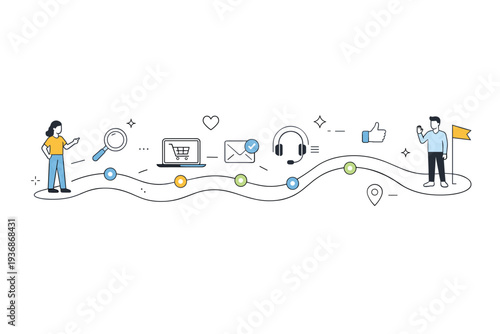 Journey mapping backgrounds. Abstract path flowing through clean stages and touchpoints, with subtle icons marking progress. Calm editorial scene expressing